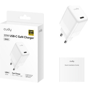 CUDY CH30, 1x USB-C, Quick Charge 30 W, GaN, White