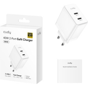 CUDY CH40, 2x USB-C, Quick Charge 40 W, GaN, White