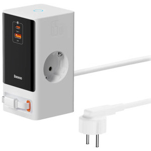 Incarcator retea Baseus PowerCombo Powerstrip, 1x USB-C, 1x USB, 2x Schuko, Quick Charge 65 W, Cablu USB-C retractabil, White