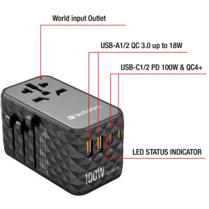 Verbatim Adaptor Universal UTA-06 Travel, 100W GaN3, 2x USB-C PD & QC4.0 + 2x USB QC3.0