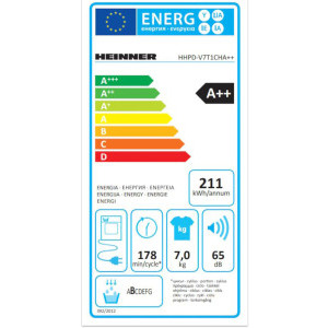 Heinner HHPD-V7T1CHA++, Pompa de caldura, 7 kg, Clasa A++, Iluminare interioara, Alb