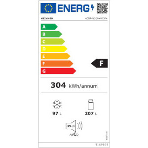 Heinner HCNF-N300XWDF+, 304 L, Clasa F, Full No Frost, Dozator de apa, Display, Control electronic, Iluminare LED, Super congelare, 186 cm, Argintiu