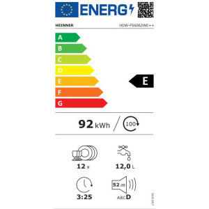 Heinner HDW-FS6062DSE++, 12 seturi, 6 programe, Clasa E, AquaStop, Pornire programata, 60 cm, Argintiu