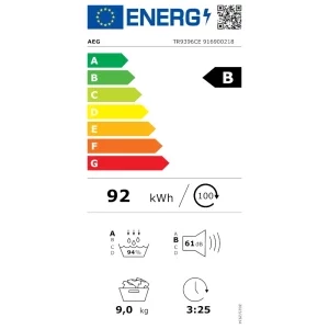 AEG TR9396CE, Pompa de caldura, 9 kg, Clasa B, Inverter, 3DScan, AbsoluteCare, MixDry, My AEG Care, Iluminare interioara, Alb