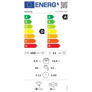 Samsung WD10HG6U94BEU4, Spalare 10 kg, Uscare 6 kg, 1400 RPM, Clasa A, Digital Inverter, AI EcoBubble, AI Energy, Hygiene Steam, SmartThings, Alb