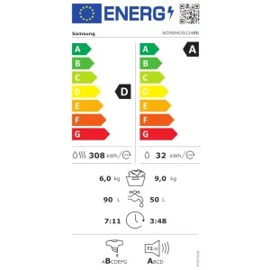 Samsung WD90HG5U34BBLE, Spalare 9 kg, Uscare 6 kg, 1400 RPM, Clasa A, Digital Inverter, AI EcoBubble, AI Energy, Hygiene Steam, SmartThings, Negru