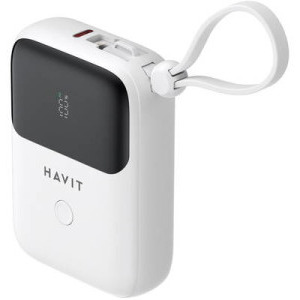 Baterie externa Havit PB5215, 10000 mAh, 1x Lightning, 2x USB-C, 20 W, Display, Cablu USB-C integrat, White
