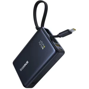 Baseus PicoGo, 10000 mAh, 1x USB, 1x USB-C, 45 W, Display, Cablu USB-C integrat, Black