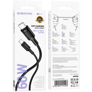 Borofone BX111, USB-C Male la USB-C Male, 1 m, Black, amperaj maxim suportat 3A