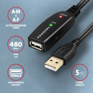 AXAGON USB 2.0 tip A Male - USB 2.0 tip A Female, 5m, negru