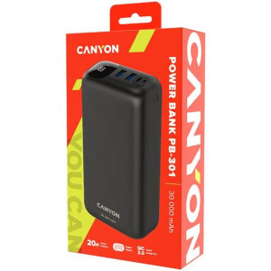 Canyon PB-301, 30000 mAh, 2x USB, 1x USB-C, cu tehnologia PD 20W/QC 3.0, Black