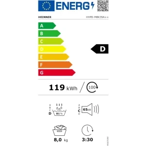 Heinner HHPD-M8K3SA++, Pompa de caldura, 8 kg, Clasa D, Iluminare interioara, Argintiu